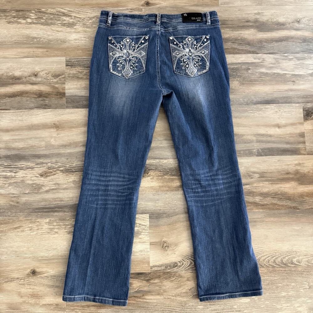 Grace in LA Bootcut Jeans Women’s 12M Blue Denim Rhinestone Embellished Pockets - Picture 7 of 8